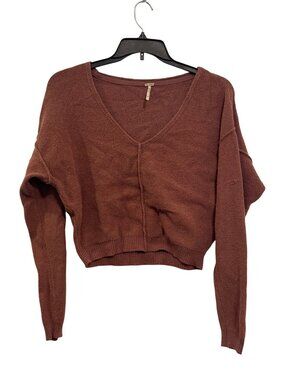 Free People Brown Knit V-Neck Pullover Sweater XXS Relaxed Fit 25" Arm Length